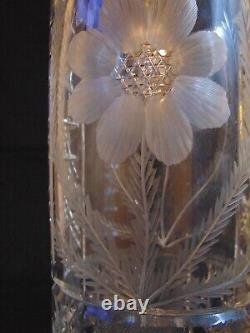 ABP Cut Glass Cylinder Vase Copper Wheel Flowers 12