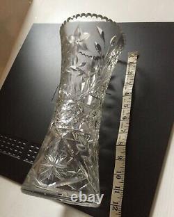 ABP Ideal Company Canastota Diamond Poinsettia? Cut Glass Flower Vase 12 Tall
