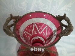 ANTIQUE BOHEMIAN CUT TO CLEAR ACID ETCHED VASE, METAL MOUNTS withSNAKES, MOTH FEET