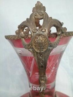 ANTIQUE BOHEMIAN CUT TO CLEAR ACID ETCHED VASE, METAL MOUNTS withSNAKES, MOTH FEET