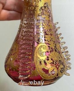 ANTIQUE MOSER 19th. C Bohemian Art Cut Glass VASE Gold Cranberry Rubina Rigaree