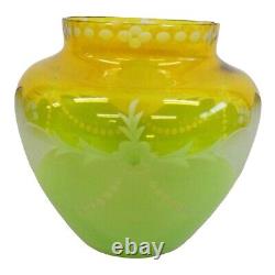 ANTQ Bohemian Yellow Green Cut to Clear Art Glass Vase Candle Holders Etched WOW
