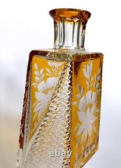 ART DECO Josephinenhutte Silesia Cut To Clear Amber Glass Vase Decanter Flowers