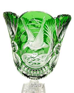 AS-IS Bohemian Green Cut to Clear Crystal Foot Flower Vase Peasant Bird Sunburst