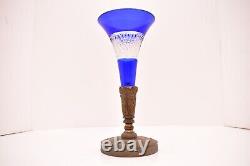 ATQ Bohemian Czech Ormolu Bronze Gilt Mount Cobalt Cut to Clear Glass Vase Blue
