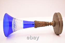 ATQ Bohemian Czech Ormolu Bronze Gilt Mount Cobalt Cut to Clear Glass Vase Blue