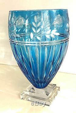 Ajka Prionnseas Azure Blue Cased Cut To Clear Large Vase