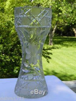 American Brillante Hourglass shape Flower etched 10 heavy old vase AUNT BRENDY