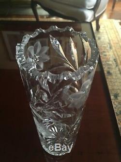 American Brilliant Cut Glass Cylinder Vase Cut and Engraved Floral