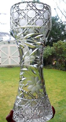 American Brilliant Cut Glass Floral Harvard Pattern Corset Vase Sawtooth 14