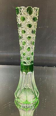 American Brilliant Cut Glass Vase-Green Cut To Clear-Daisy & Button-RARE-BIN