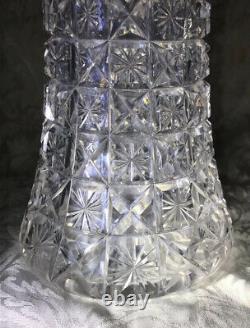 American Brilliant Period 14 Cut Glass Girdled Vase, Harvard Pattern Star+Cross