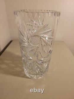 American Brilliant Period ABP Cut Glass Heavy Clear, Pinwheel, Tall Vase, 8H