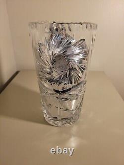 American Brilliant Period ABP Cut Glass Heavy Clear, Pinwheel, Tall Vase, 8H