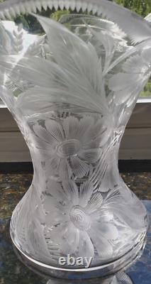 American Brilliant Period Libby Wheel Cut Glass Vase Thistle & Daisy Ruffle Rim