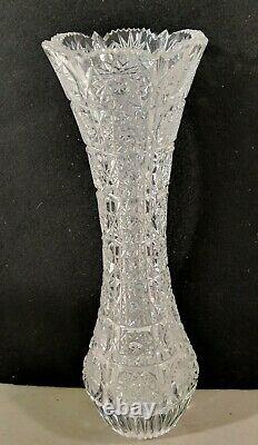 Antique 12 Tall American Brilliant ALL-OVER Cut Etched Glass Corset Signed Vase