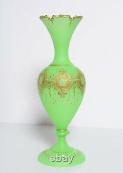 Antique 1800s, French Green OPALINE Glass Vase, Gold decoration, Cut lip, foot