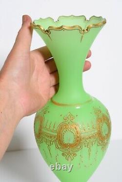 Antique 1800s, French Green OPALINE Glass Vase, Gold decoration, Cut lip, foot