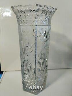 Antique 1916 McKee Innovation Hand Cut Bluesh Gray Hexagon Glass Vase 12