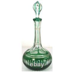 Antique 19th Century Green Overlay Cut To Clear Decanter Bohemian