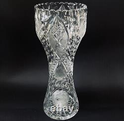 Antique American Brilliant Cut Glass Corset Vase Cane Intaglio Floral 14H 6W