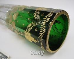 Antique BIG 14.5 Bohemian Harrach Moser Cut Glass Green to Clear Gold Gilt Vase
