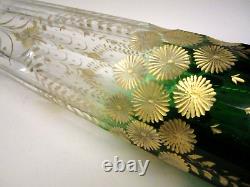 Antique BIG 14.5 Bohemian Harrach Moser Cut Glass Green to Clear Gold Gilt Vase