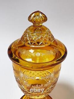 Antique Bohemian Amber Cut To Clear Crystal Glass Goblet / Vase / Urn With Cover