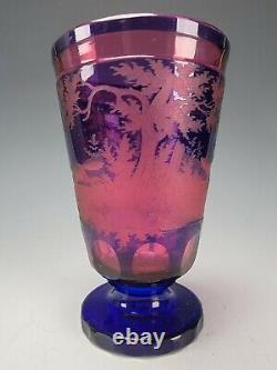 Antique Bohemian Cased Cut Cobalt Blue to Cranberry Engraved Glass Vase