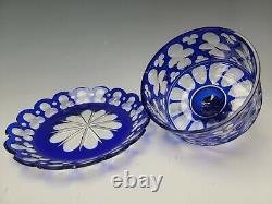 Antique Bohemian Cobalt Blue Glass Cut to Clear Cheese Dome Cover and Plate 19c