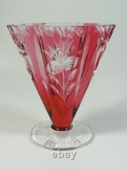 Antique Bohemian Cranberry Cut To Clear THISTLE flower Art Deco Glass FAN VASE