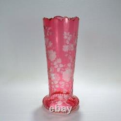Antique Bohemian Cranberry Overlay Cut to Clear Glass Vase With Roses GL