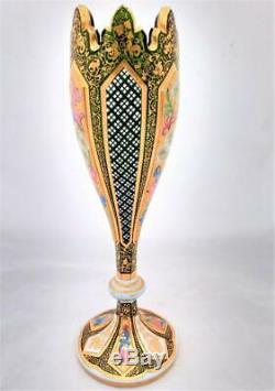 Antique Bohemian Cut Green Glass Vase Overlay Gilded Panels Enamelled circa 1865