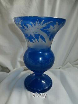 Antique Bohemian Cut To Clear Etched Blue Glass Vase Stag Forest Scene Czech