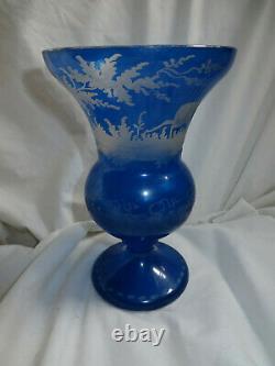 Antique Bohemian Cut To Clear Etched Blue Glass Vase Stag Forest Scene Czech