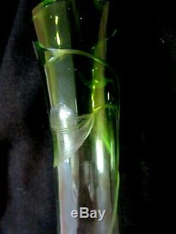 Antique Bohemian, Czech Moser Green to Clear Deep Cut 6 Art Glass Vase Signed