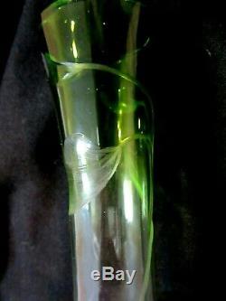 Antique Bohemian, Czech Moser Green to Clear Deep Cut 6 Art Glass Vase Signed