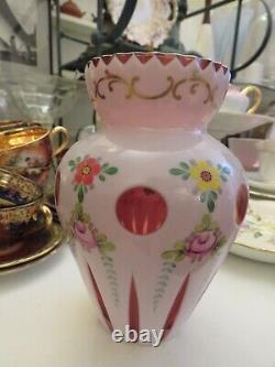 Antique Bohemian Double Overlay Cut-Glass Vase Pink