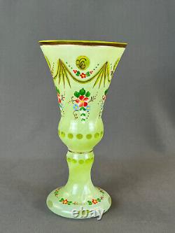 Antique Bohemian Enameled Floral Green Cut Overlay 8 ¼ Glass Vase