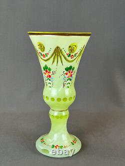 Antique Bohemian Enameled Floral Green Cut Overlay 8 ¼ Glass Vase