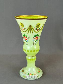 Antique Bohemian Enameled Floral Green Cut Overlay 8 ¼ Glass Vase