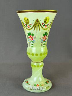 Antique Bohemian Enameled Floral Green Cut Overlay 8 ¼ Glass Vase