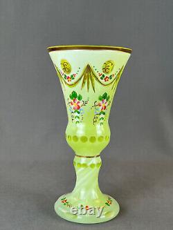 Antique Bohemian Enameled Floral Green Cut Overlay 8 ¼ Glass Vase