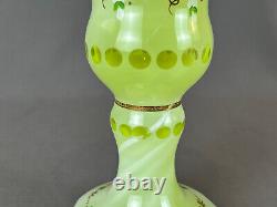 Antique Bohemian Enameled Floral Green Cut Overlay 8 ¼ Glass Vase