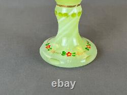 Antique Bohemian Enameled Floral Green Cut Overlay 8 ¼ Glass Vase