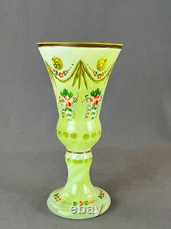 Antique Bohemian Enameled Floral Green Cut Overlay 8 ¼ Glass Vase