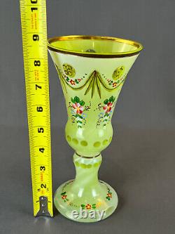 Antique Bohemian Enameled Floral Green Cut Overlay 8 ¼ Glass Vase