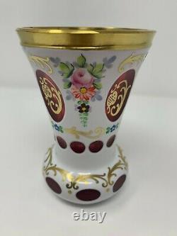Antique Bohemian Glass Vase Overlay Cut To Cranberry Hand Painted Flowers Czech