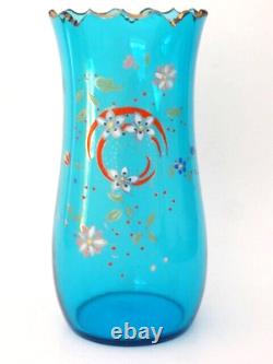 Antique Bohemian Harrach Cut Blue Hand Painted Enamel Floral Art Glass Vase #2