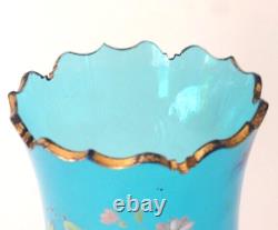 Antique Bohemian Harrach Cut Blue Hand Painted Enamel Floral Art Glass Vase #2